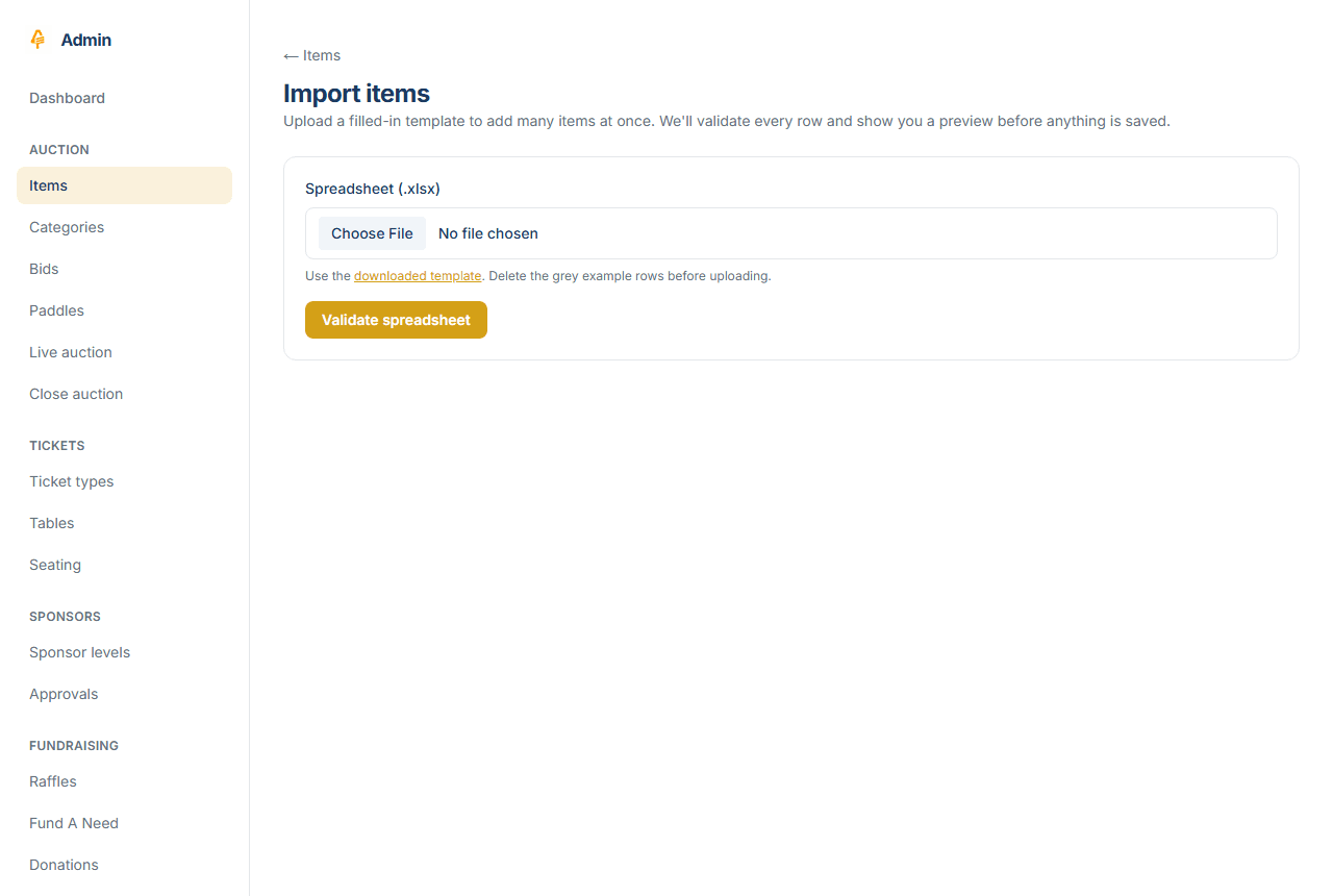 The bulk-import screen: choose a filled-in spreadsheet and validate it before committing.