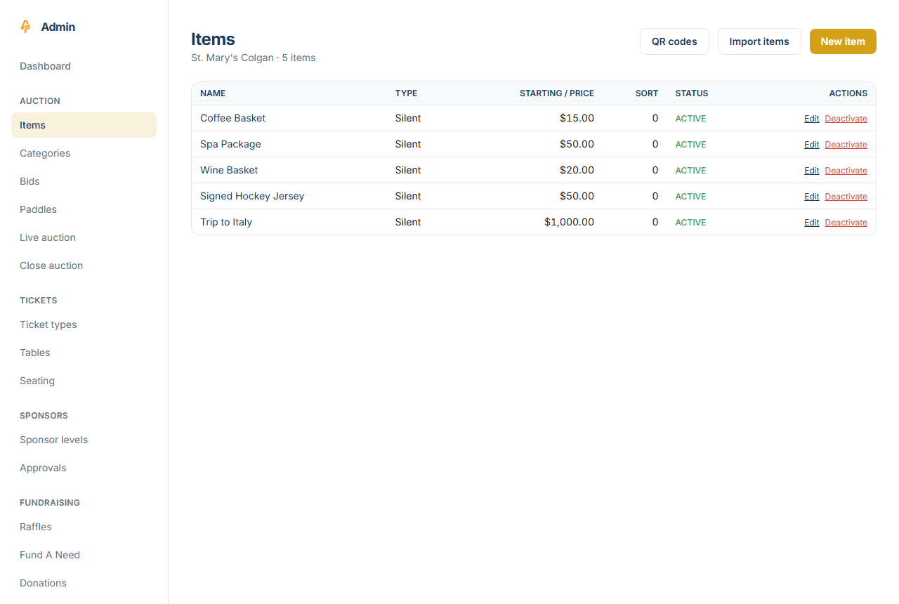 The admin console: the item-management table with the left navigation for every module.