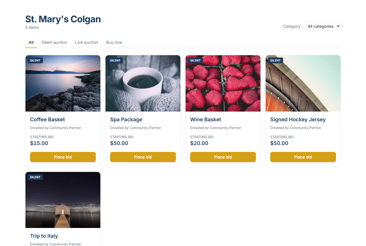 The public item catalog — a grid of auction items with photos, current bids, and a Place bid button.