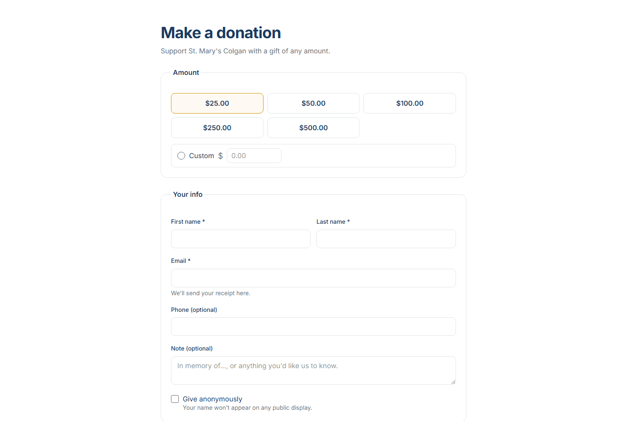 The standalone donation page where a supporter enters their details and gives any amount.